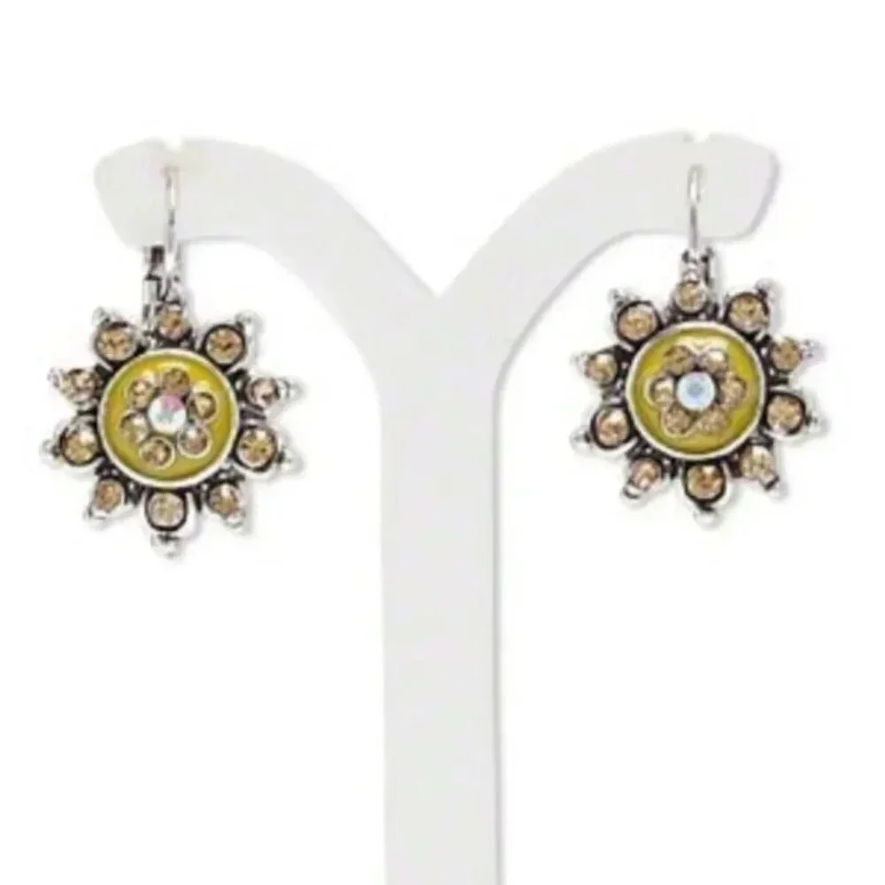 Antique Silver Amber Yellow Enamel Rhinestone Round Flower Leverback Earrings